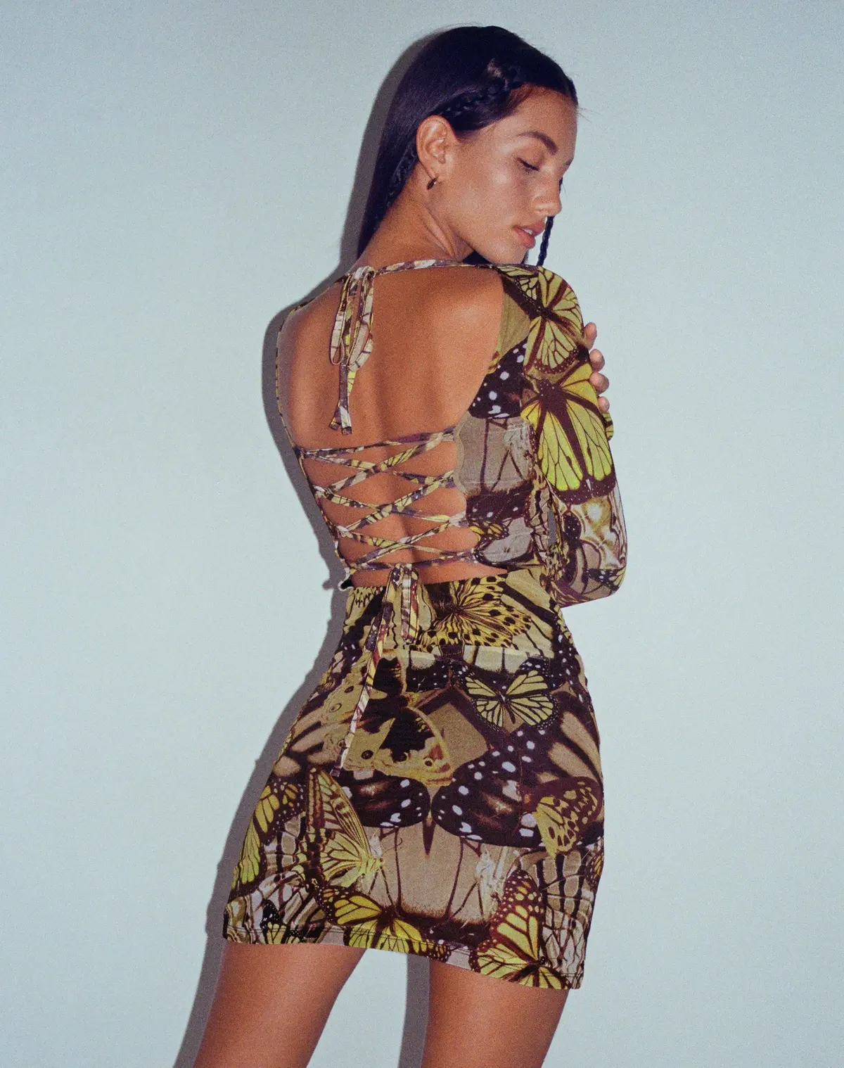Onata Long Sleeve Mini Dress In Butterfly Gold 1