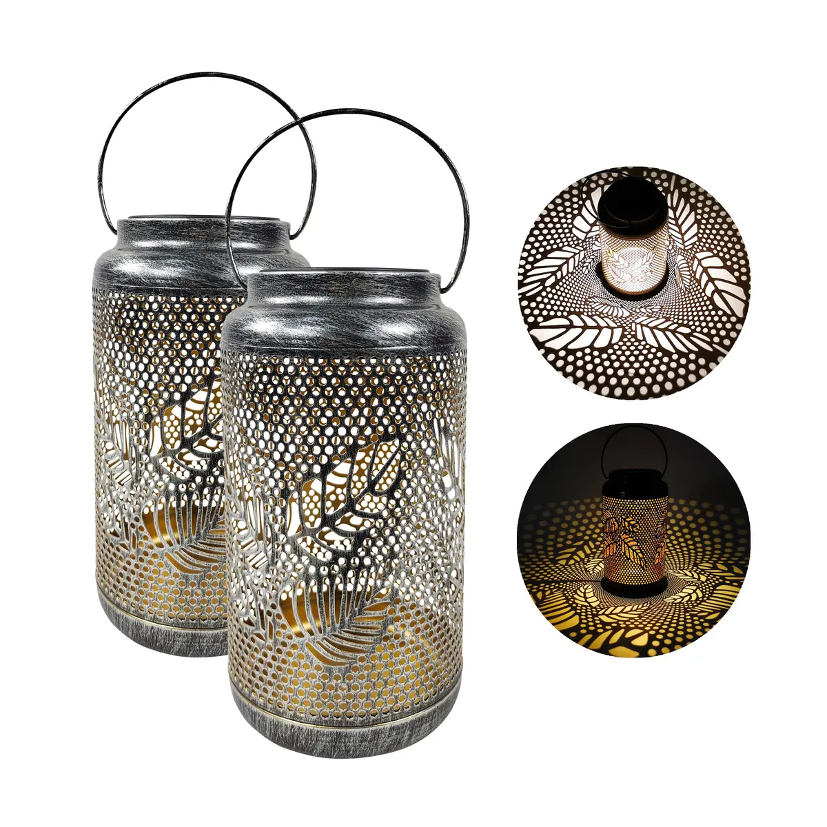 Bliss Outdoors Bsl-312-S Set Of 2 Solar Led Lanterns W/ Berry Leaf Design & Hand Painted Finish | 9-In. Tall | Waterproof Ip44 (Sand) 1