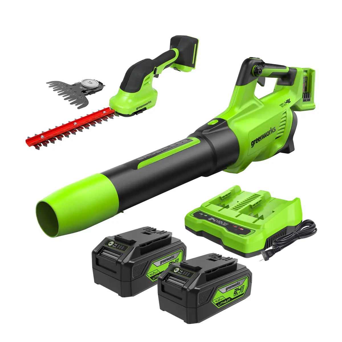 48V (24V X 2) Axial Jet Blower & Shear Shrubber Combo, (2) 4.0Ah Batteries And Dual Port Charger Included 1