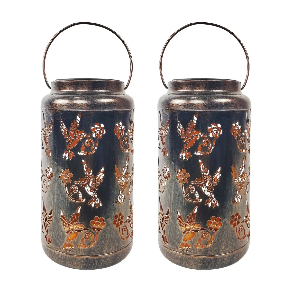 Bliss Outdoors Bsl-309-Bz Set Of 2 Solar Led Lanterns W/ Humming Bird Design & Hand Painted Finish | 9-In. Tall | Waterproof Ip44 (Bronze) 2