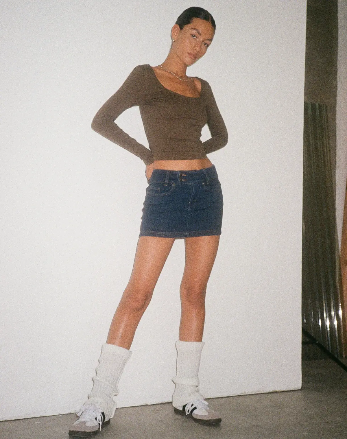 Motel X Olivia Neill Low Rise Denim Micro Skirt In Dark Vintage Wash 1