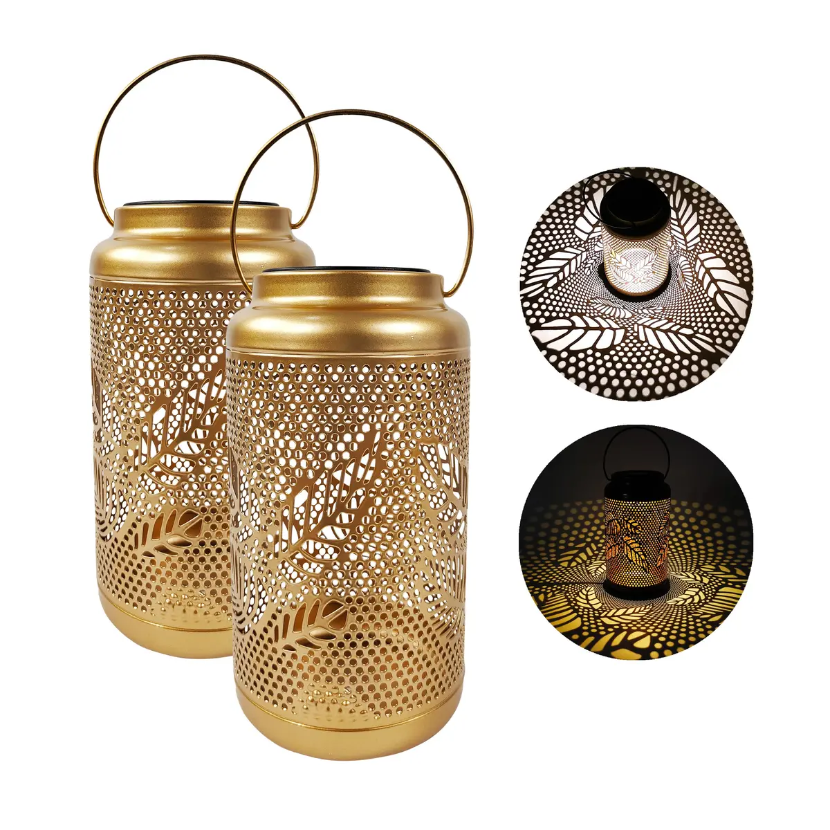 Bliss Outdoors Bsl-312-G Set Of 2 Solar Led Lanterns W/ Berry Leaf Design & Hand Painted Finish | 9-In. Tall | Waterproof Ip44 (Gold) 1
