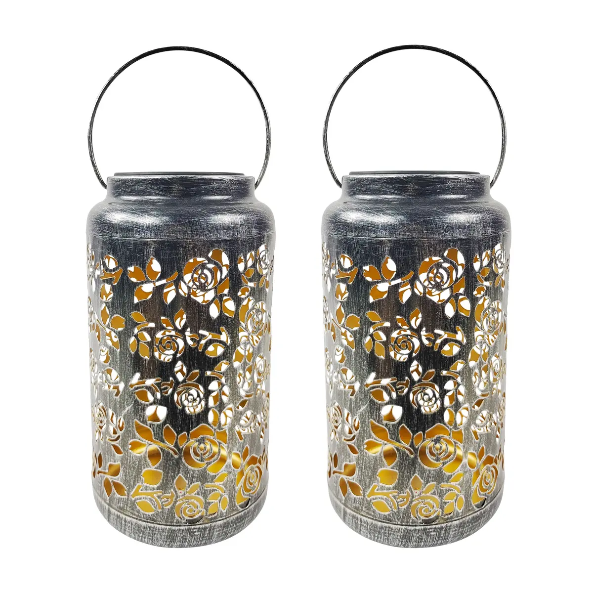 Bliss Outdoors Bsl-313-S Set Of 2 Solar Led Lanterns W/ Rose Design & Hand Painted Finish | 9-In. Tall | Waterproof Ip44 (Silver) 2