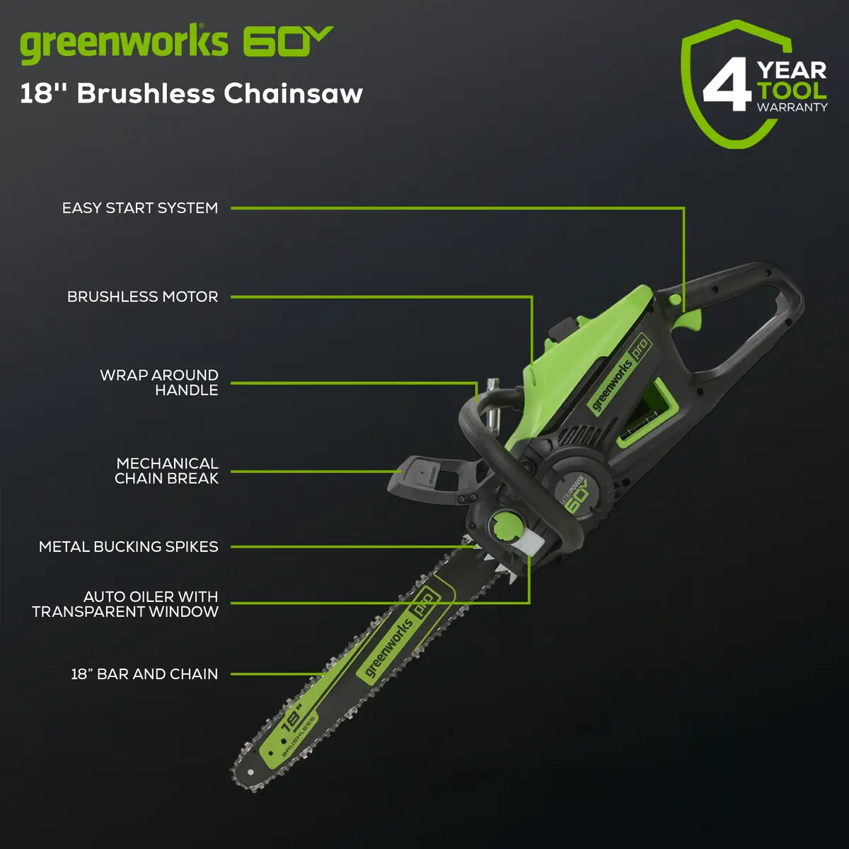 60V 18" Brushless Chainsaw, 4.0Ah Battery And Charger Included 2