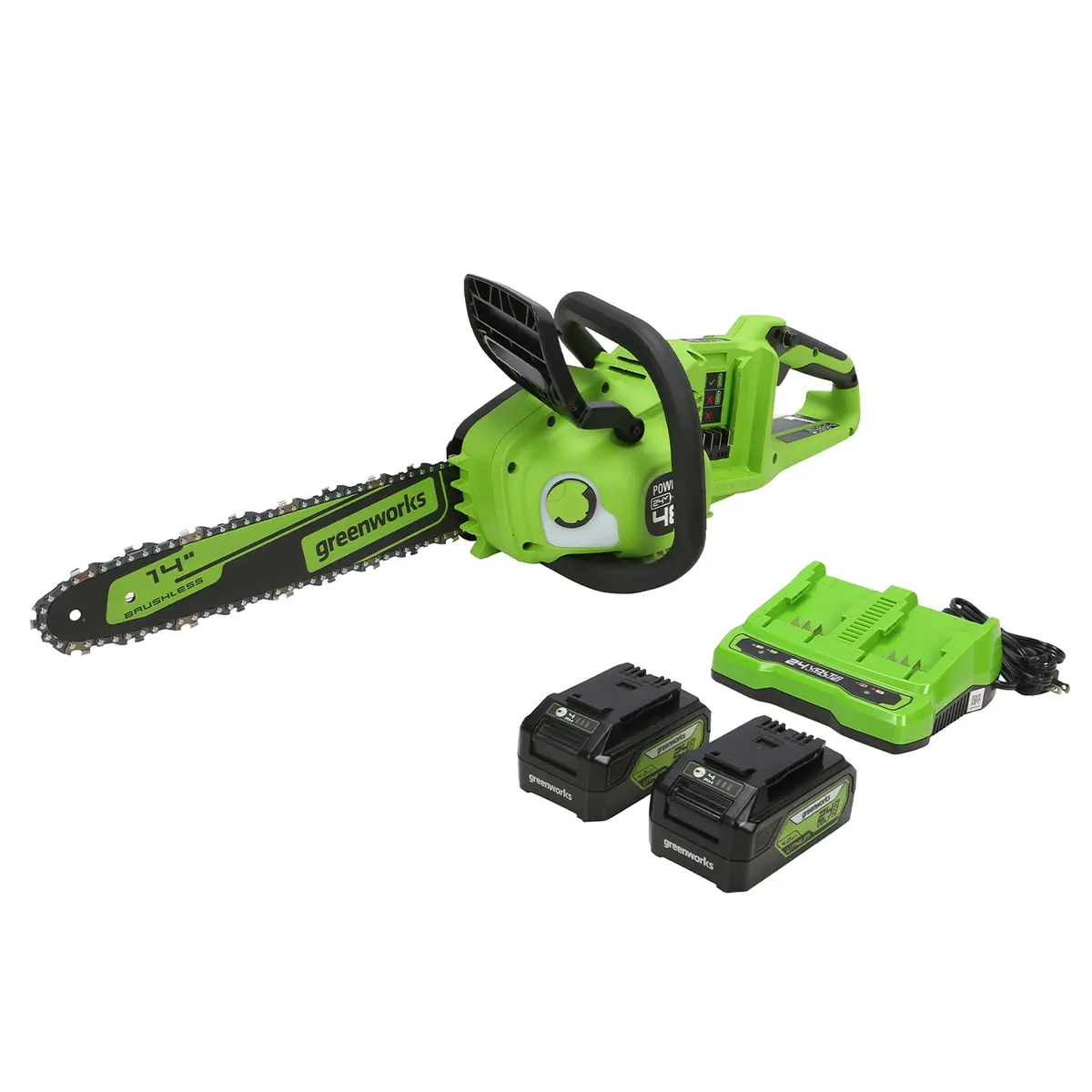 48V (24V X 2) 14" Cordless Battery Chainsaw, (2) 4.0 Ah Usb Batteries & Dual Port Charger Included 1