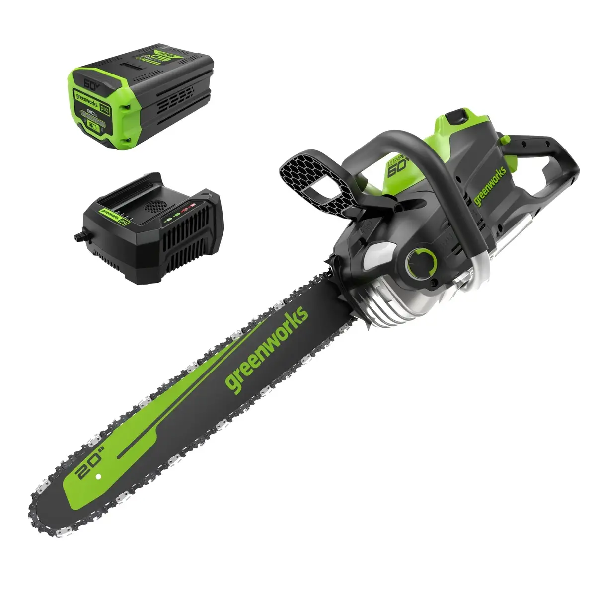 60V 20" Cordless Battery 3.2Kw Chainsaw, 8.0Ah Battery & Rapid Charger Included 1