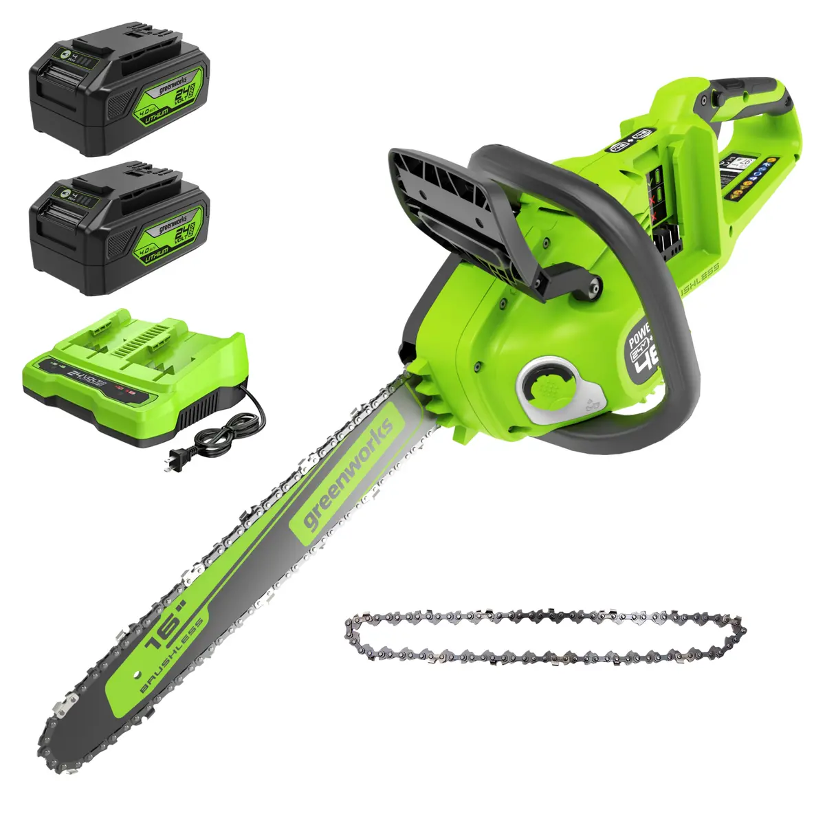 48V (24V X 2) 16'' Chainsaw, (2) 4.0Ah Batteries & Charger Included Bonus: Extra Chain 1