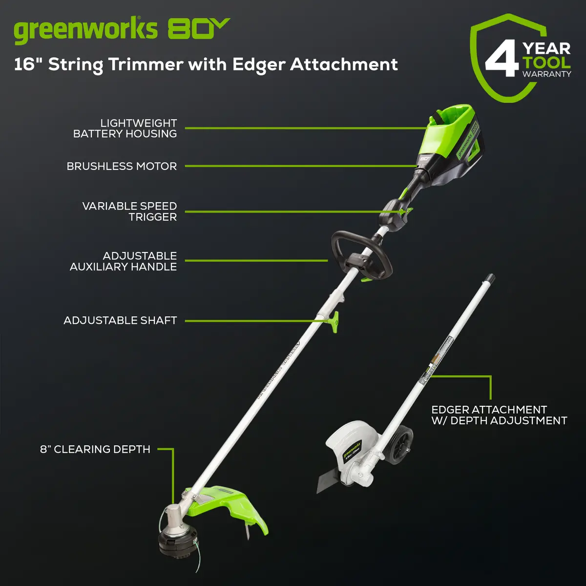 80V 16" String Trimmer With Edger Attachment (Tool Only) 2