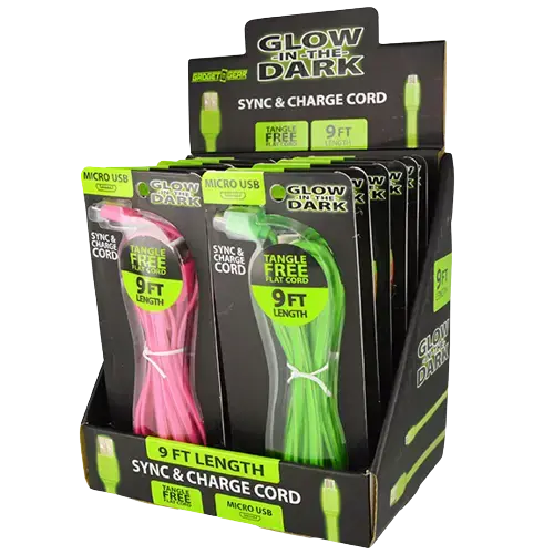 Charging Cable Glow In The Dark Flat Usb To Micro Usb 9Ft - 12 Pieces Per Retail Ready Display 21068 1