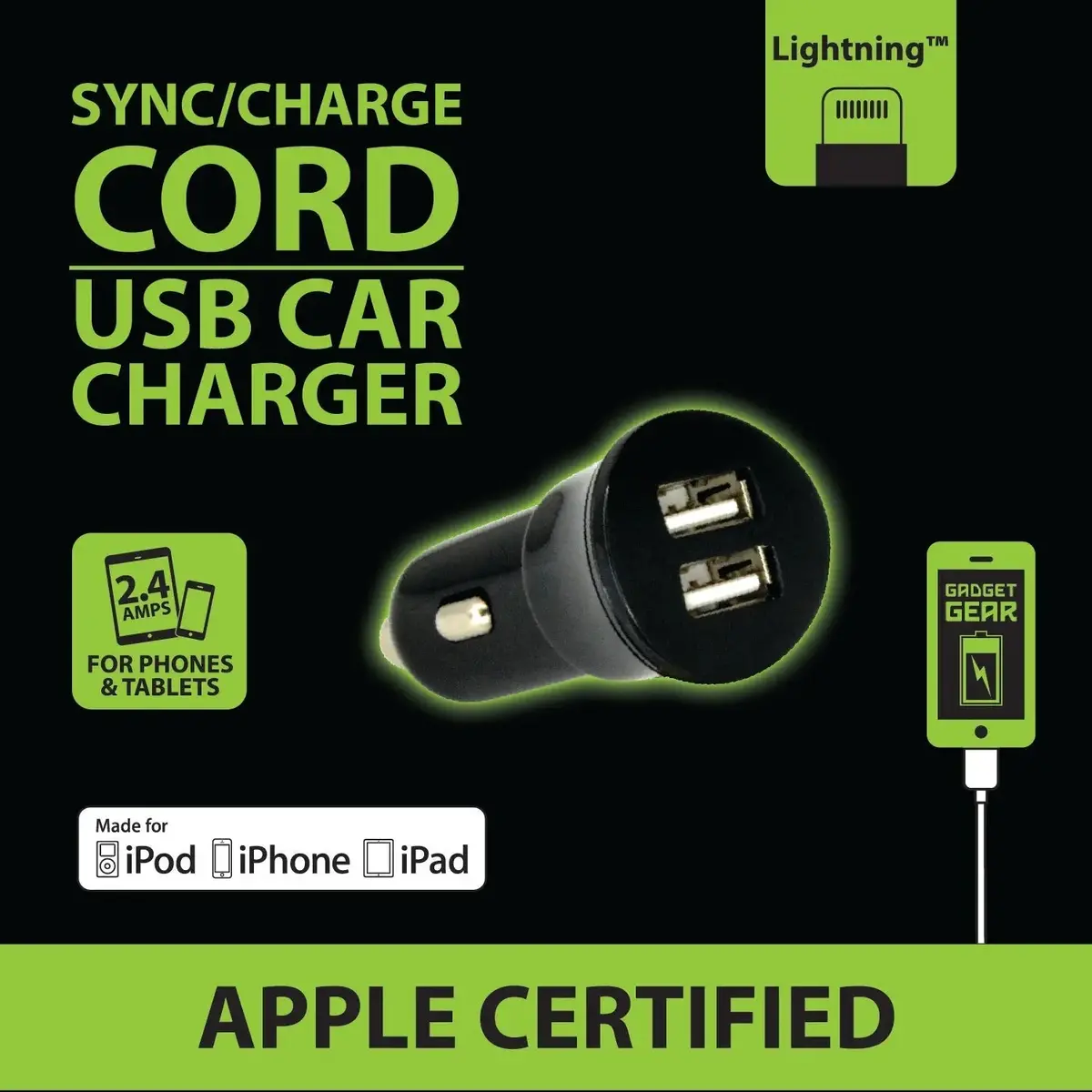 Car Charger With Usb To Lightning Charging Cable Set 2.4 Amp - 2 Pieces Per Pack 21098 2