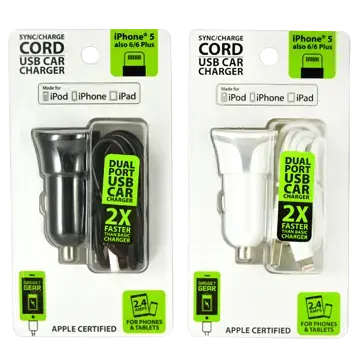 Car Charger With Usb To Lightning Charging Cable Set 2.4 Amp - 2 Pieces Per Pack 21098 1