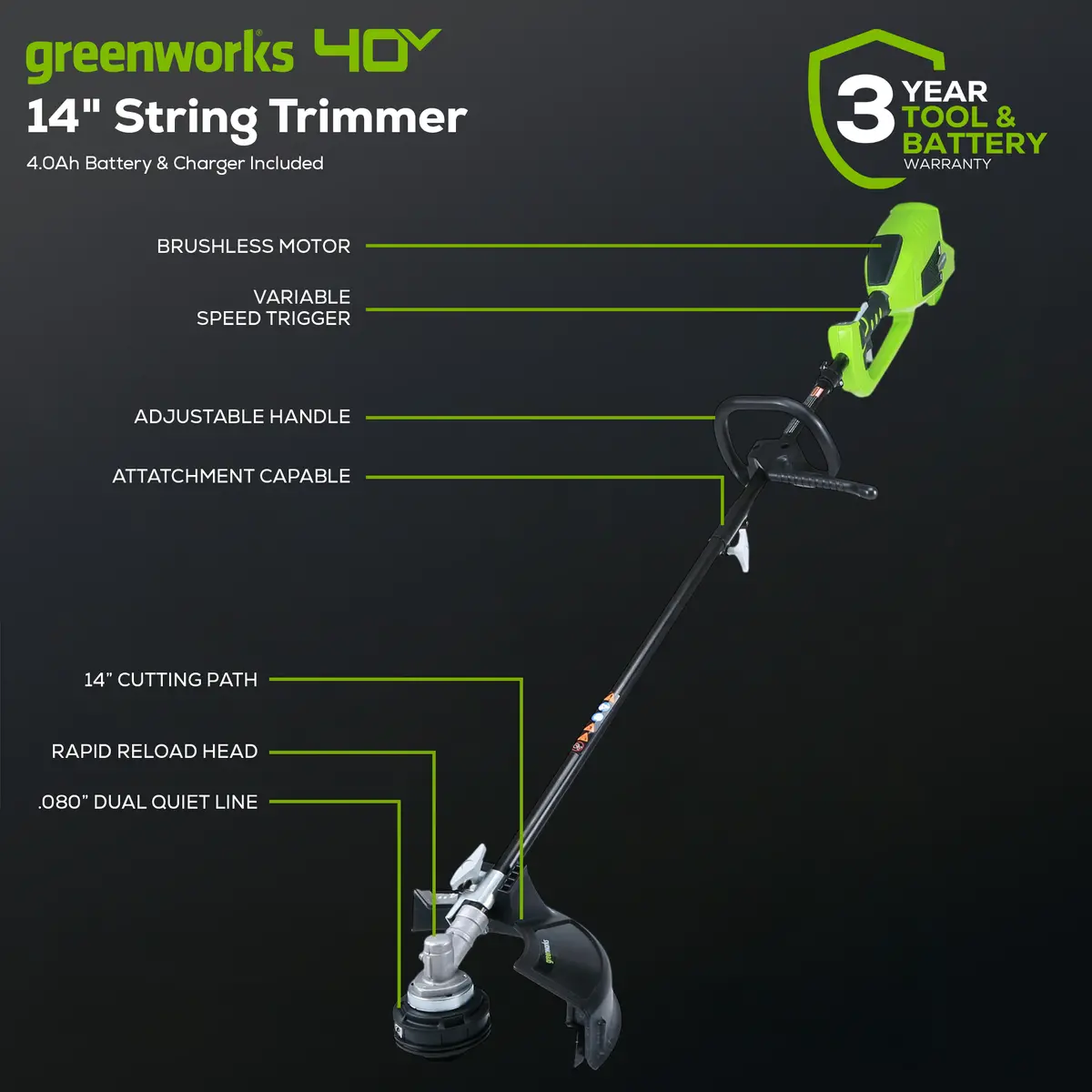 40V 14"/16" Brushless String Trimmer, 4.0Ah Battery And Charger Included - Stf456 2