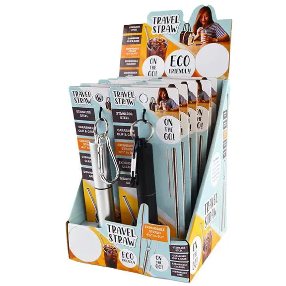 Expandable Stainless-Steel Straw With Carabineer - 12 Pieces Per Retail Ready Display 22285 1