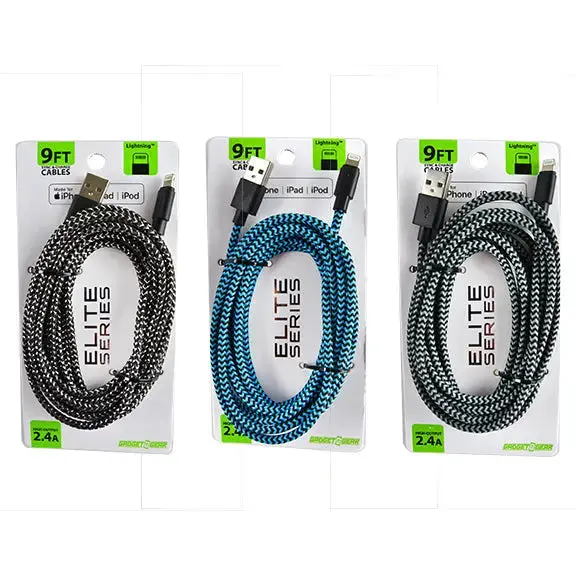 Charging Cable Elite Cloth Usb To Lightning 9Ft 2.4 Amp - 3 Pieces Per Pack 22320 1