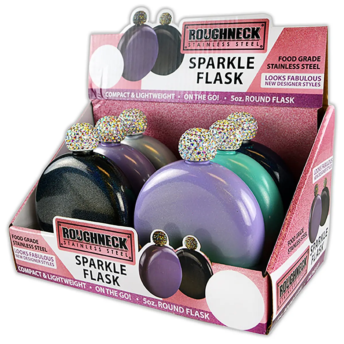 5 Oz Stainless-Steel Round Flask With Sparkle Lid - 6 Pieces Per Retail Ready Display 22772 1