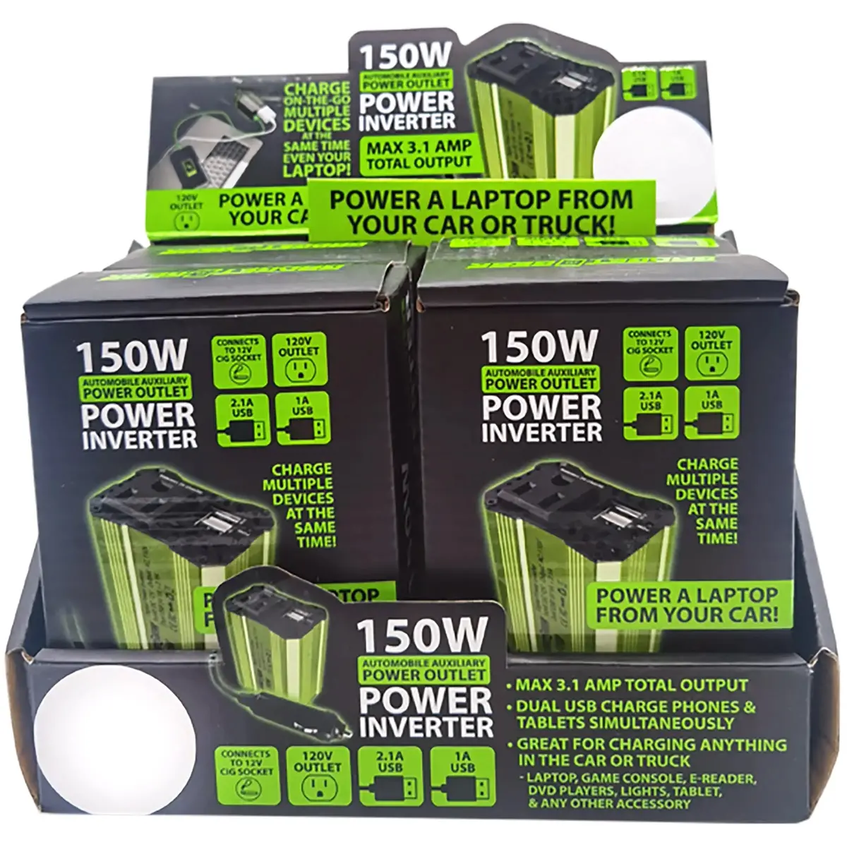 Dc Car Power Inverter Dual Ports Usb / 120V Outlet 150 Watts - 4 Pieces Per Retail Ready Display 22829 2