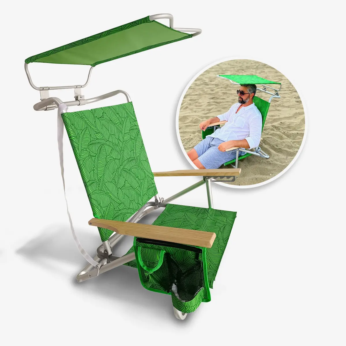 Bliss Hammocks Bbc-351-Gbl Folding Beach Chair W/ Canopy | 5 Reclining Positions | Storage Pouch, Phone Holder, & Cup Holder Included | 275 Lb. Capacity (Green Banana Leaves) 1