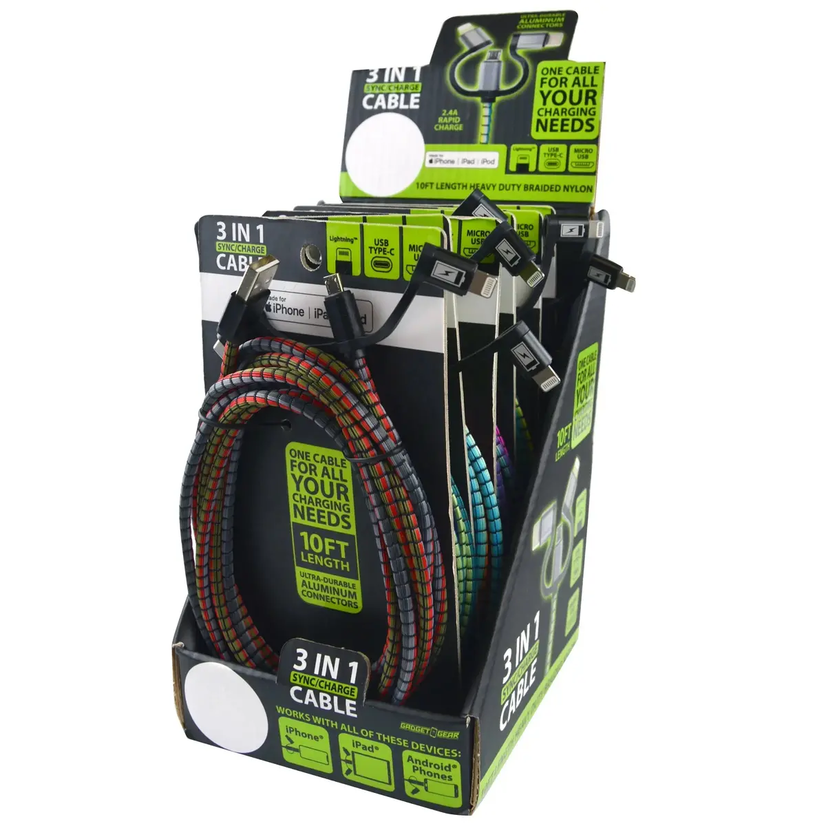 Charging Cable Usb 3 In 1 Multi-Head Usb-C / Micro Usb / Lightning 10Ft - 6 Pieces Per Retail Ready Display 23100 1