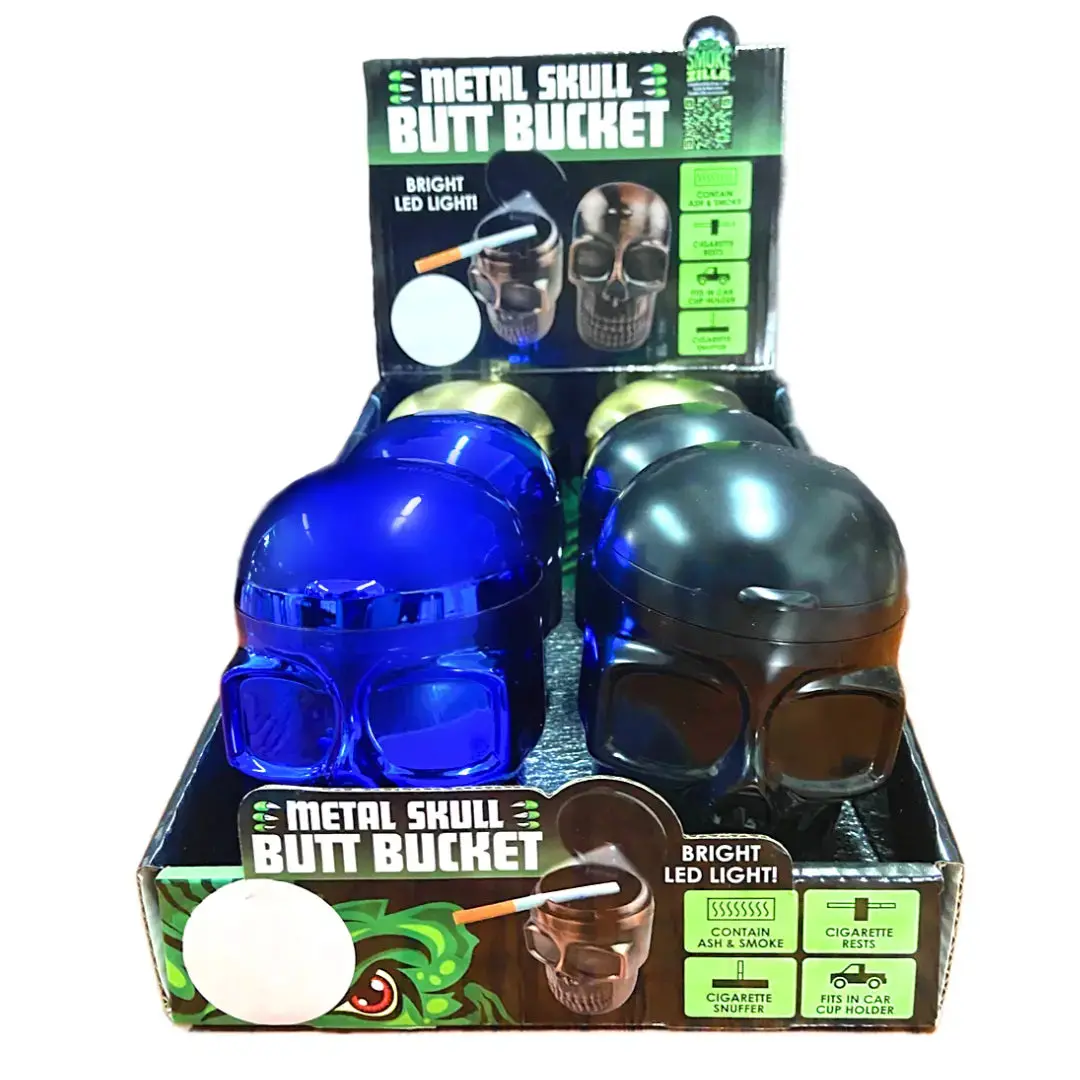 Metal Skull Butt Bucket Ashtray With Led Light - 6 Pieces Per Retail Ready Display 23531 1