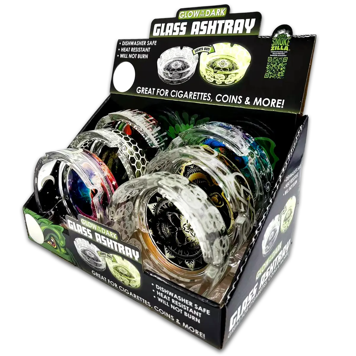 Glow In The Dark Glass Ashtray - 6 Pieces Per Retail Ready Display 23719 1
