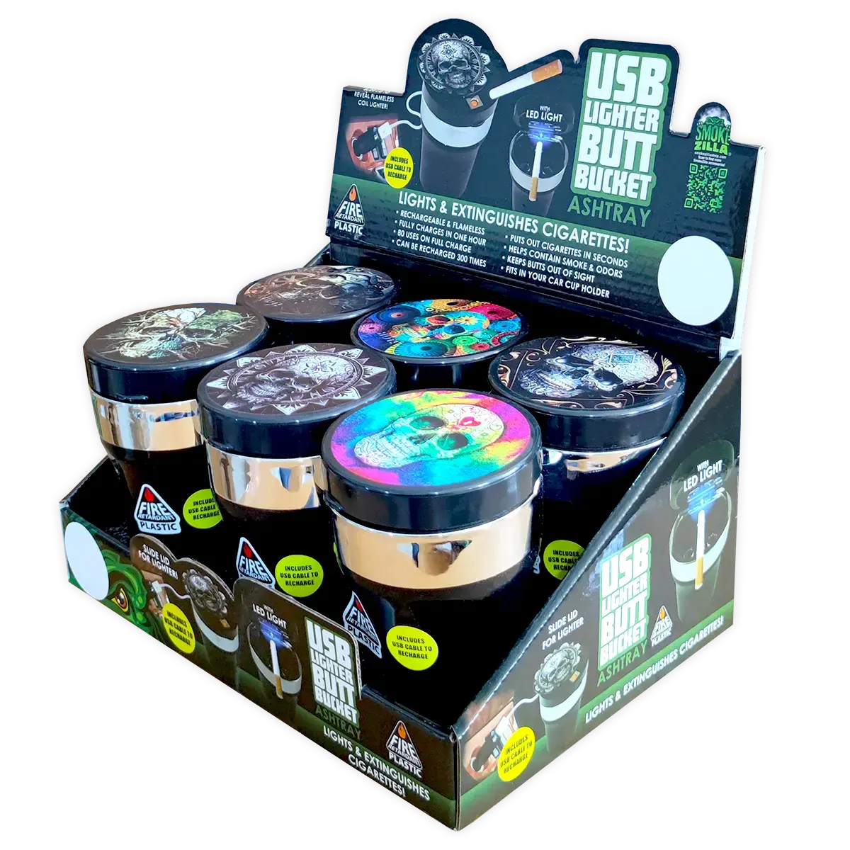 Printed Lid Butt Bucket Ashtray With Usb Coil Lighter & Led Light - 6 Per Retail Ready Wholesale Display 23805 1