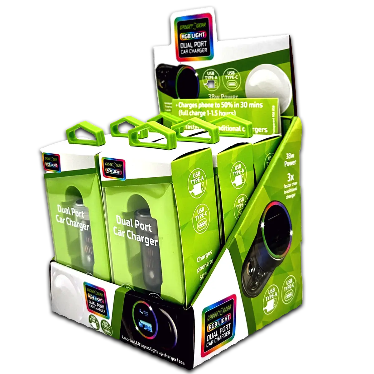 Car Charger  Dc Dual Port Usb / Usb-C With Rgb Light Effects - 6 Pieces Per Retail Ready Display 23878 1