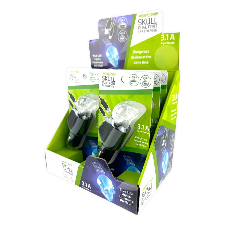 Car Charger Dual Port Usb / Usb-C Led Skull 3.1 Amp - 6 Pieces Per Retail Ready Display 24001 1
