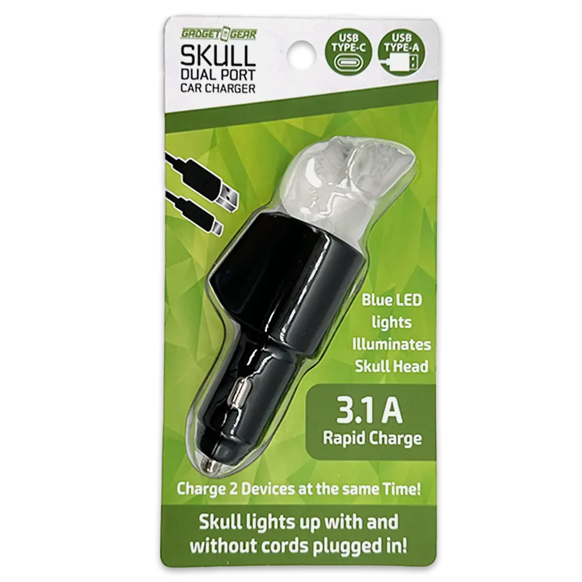 Car Charger Dual Port Usb / Usb-C Led Skull 3.1 Amp - 6 Pieces Per Pack 24001Az 1