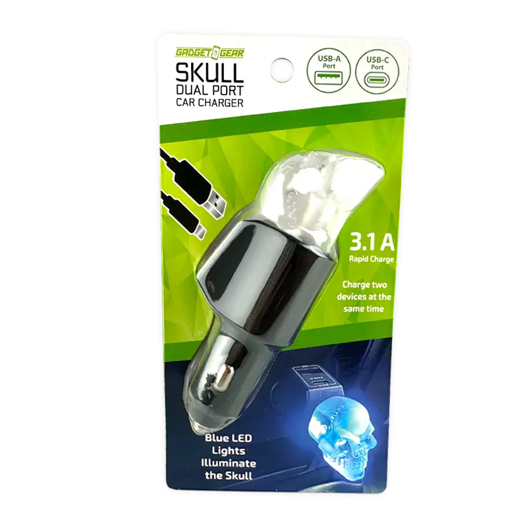 Car Charger Dual Port Usb / Usb-C Led Skull 3.1 Amp - 6 Pieces Per Retail Ready Display 24001 2