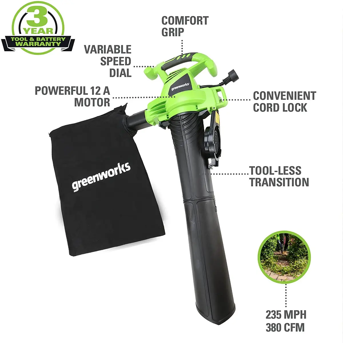 12 Amp Corded 380 Cfm Leaf Blower / Vacuum 2