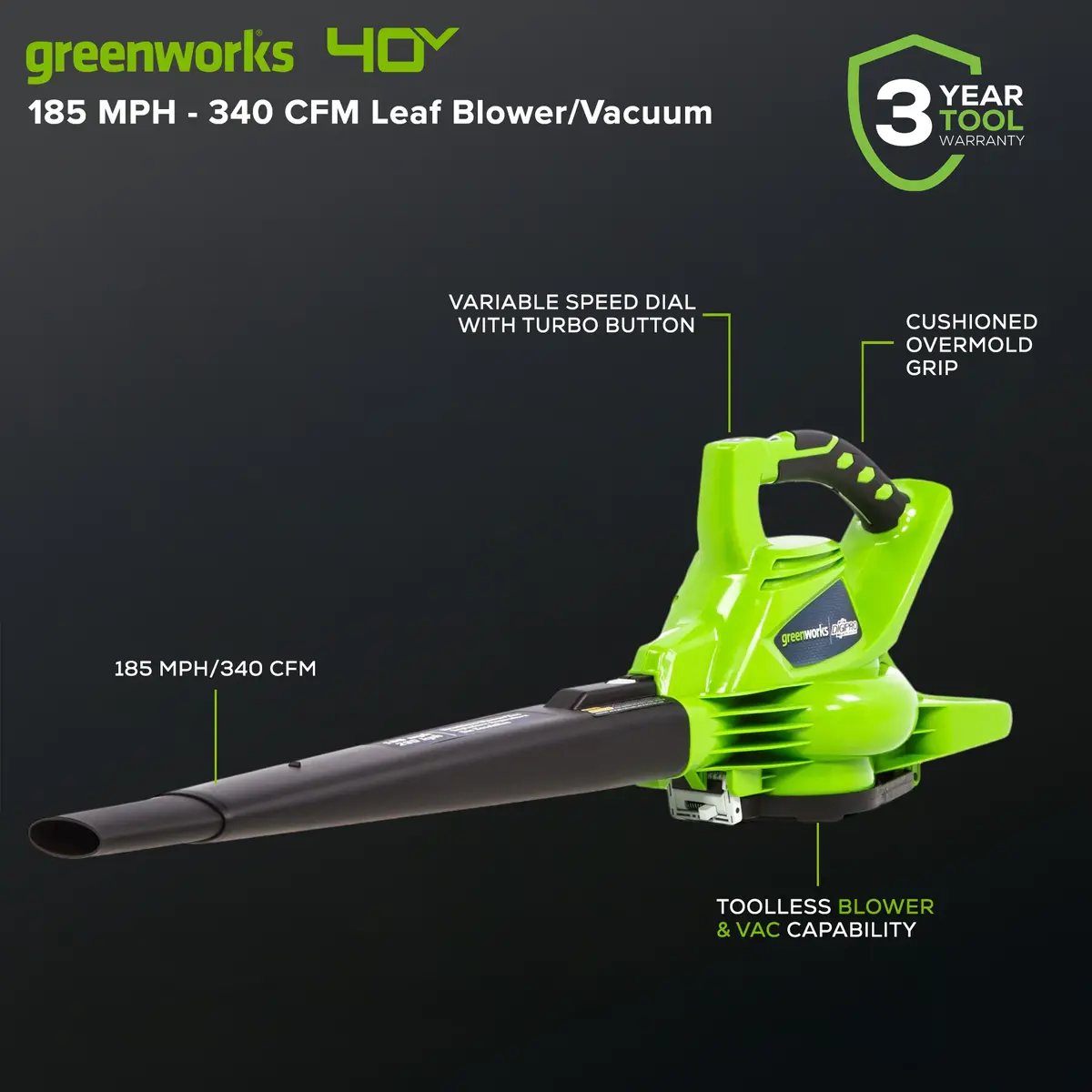40V 185 Mph - 340 Cfm Brushless Blower / Leaf Vacuum (Tool Only) 2