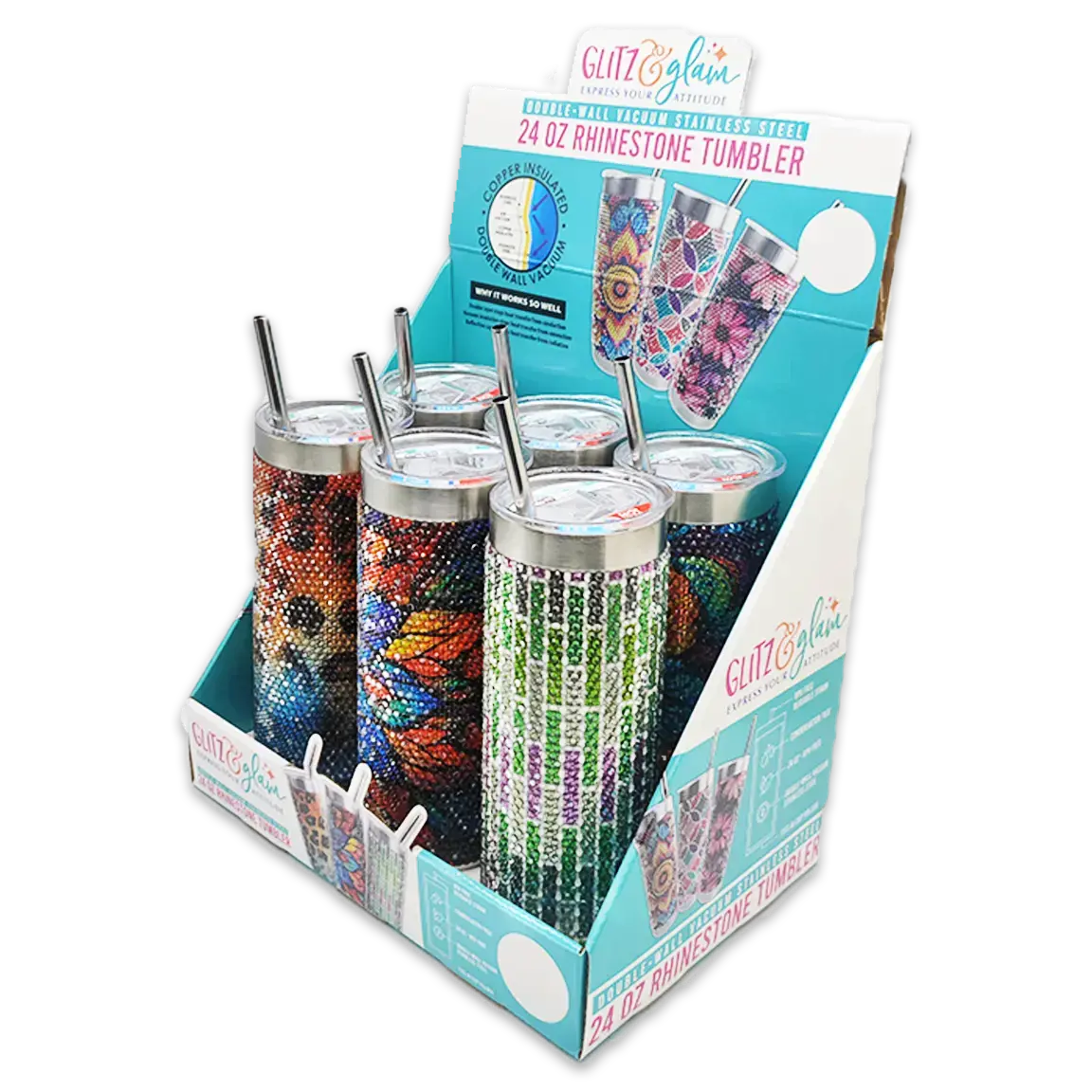 Insulated 24 Oz Rhinestone Tumbler Cup - 6 Pieces Per Retail Ready Display 24374 1