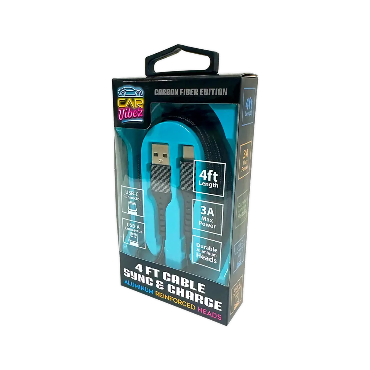 Charging Cable Carbon Fiber Usb To Usb-C 4Ft 3 Amp - 3 Pieces Per Pack 24575 1