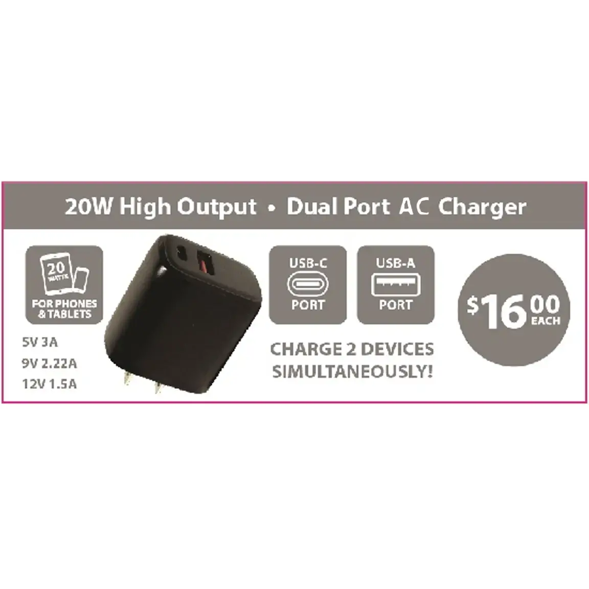 Ac Wall Charger Dual Port Usb / Usb-C 20 Watts - 12 Pieces Per Pack 24675 2