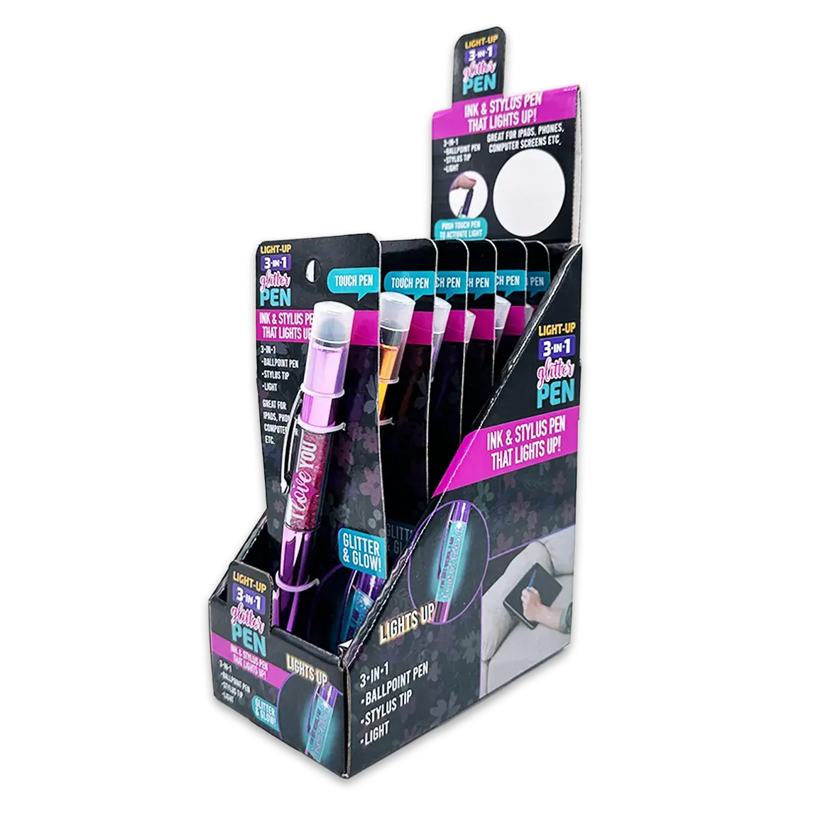 Light-Up 3-In-1 Glitter Pen Stylus - 6 Pieces Per Retail Ready Display 24849 1