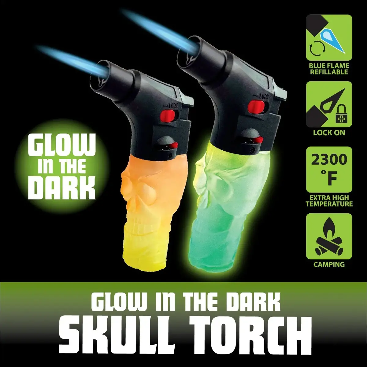 Glow In The Dark Skull Torch Lighter - 12 Pieces Per Retail Ready Display 25093 2