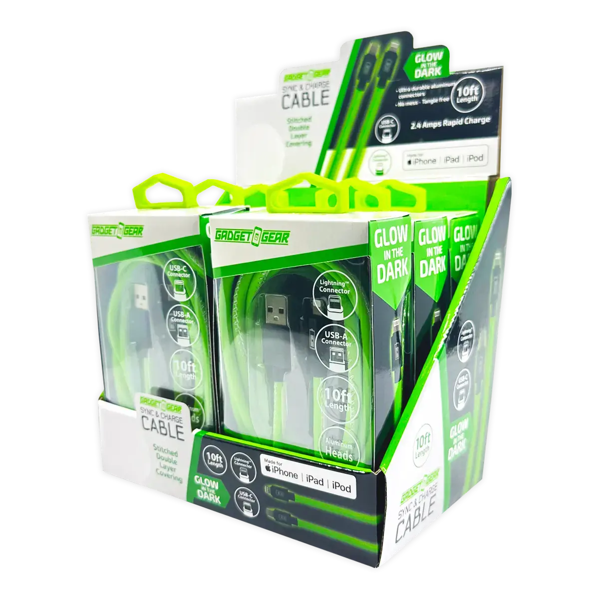 Charging Cable Glow In The Dark Assortment 10Ft - 6 Pieces Per Retail Ready Display 25113 1