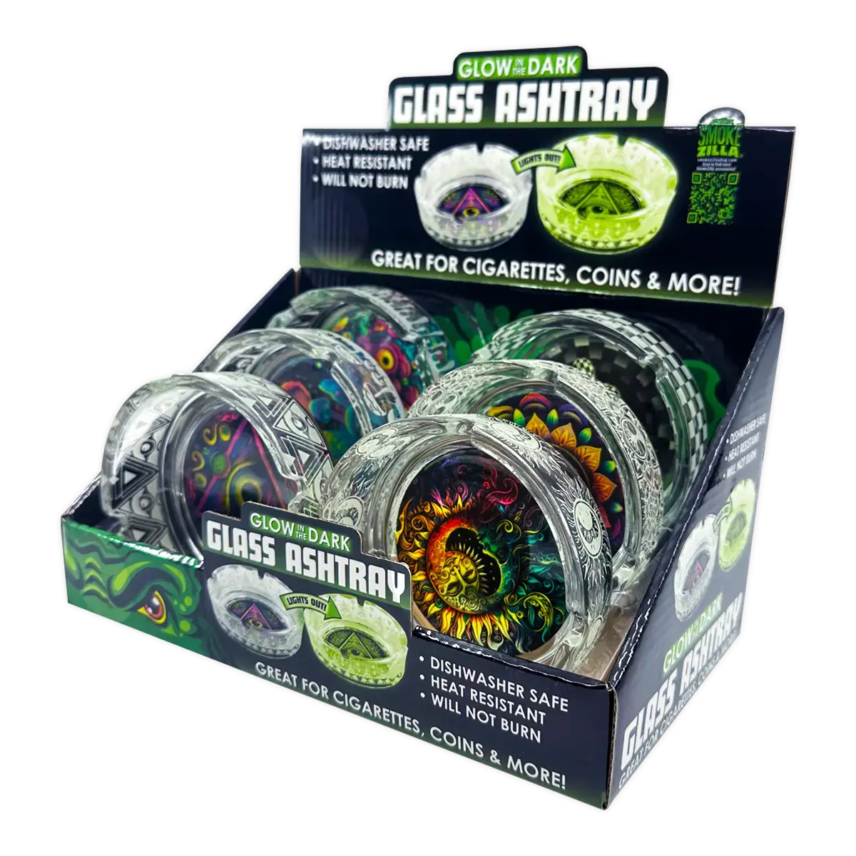 Glow In The Dark Glass Ashtray - 6 Pieces Per Retail Ready Display 25136 1