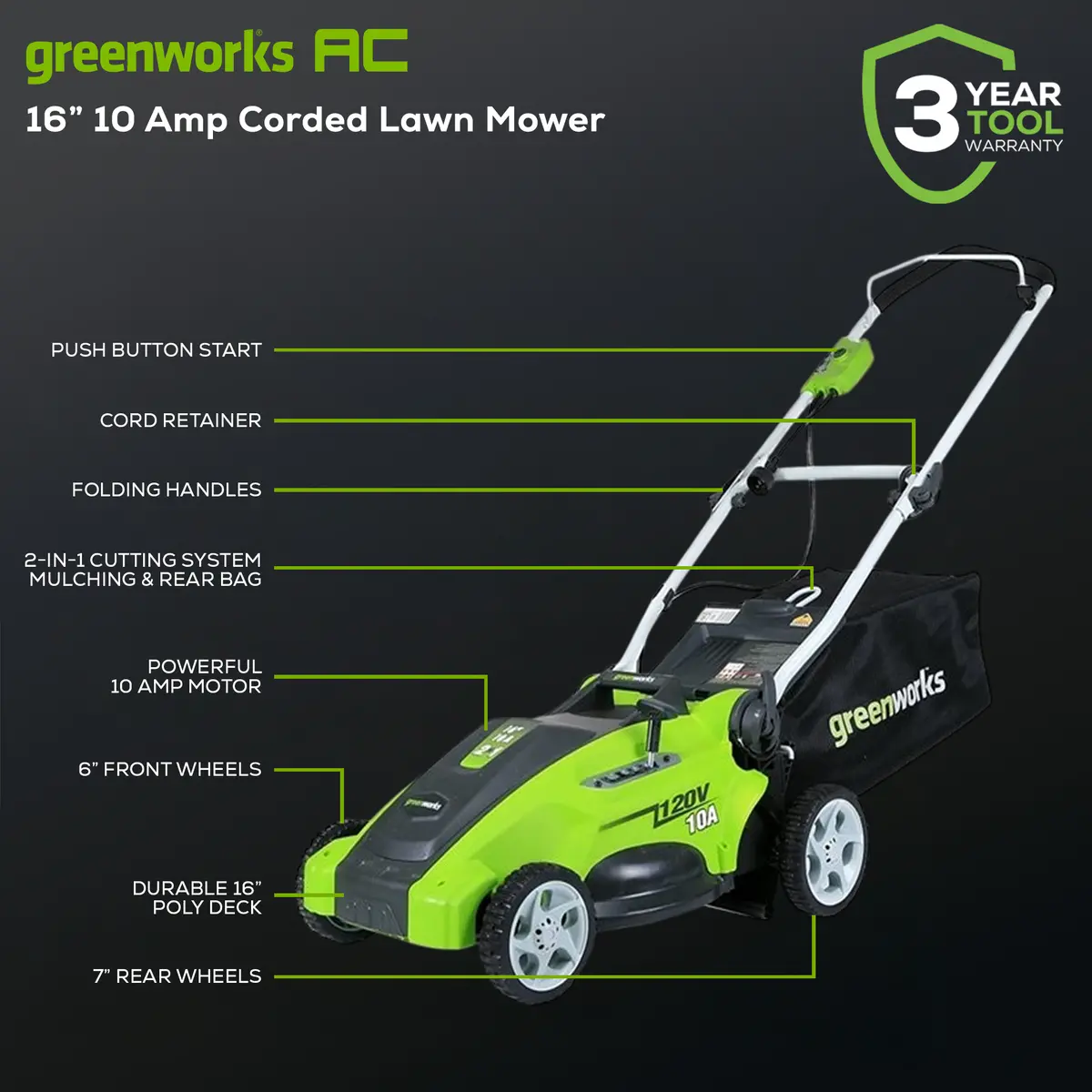 Greenworks 10 Amp 16" Corded Lawn Mower 2