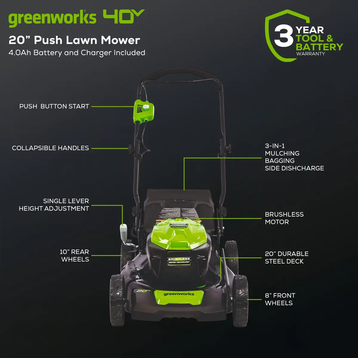 40V 20" Battery Lawn Mower - Brushless Push With 4.0Ah Battery & Charger 2
