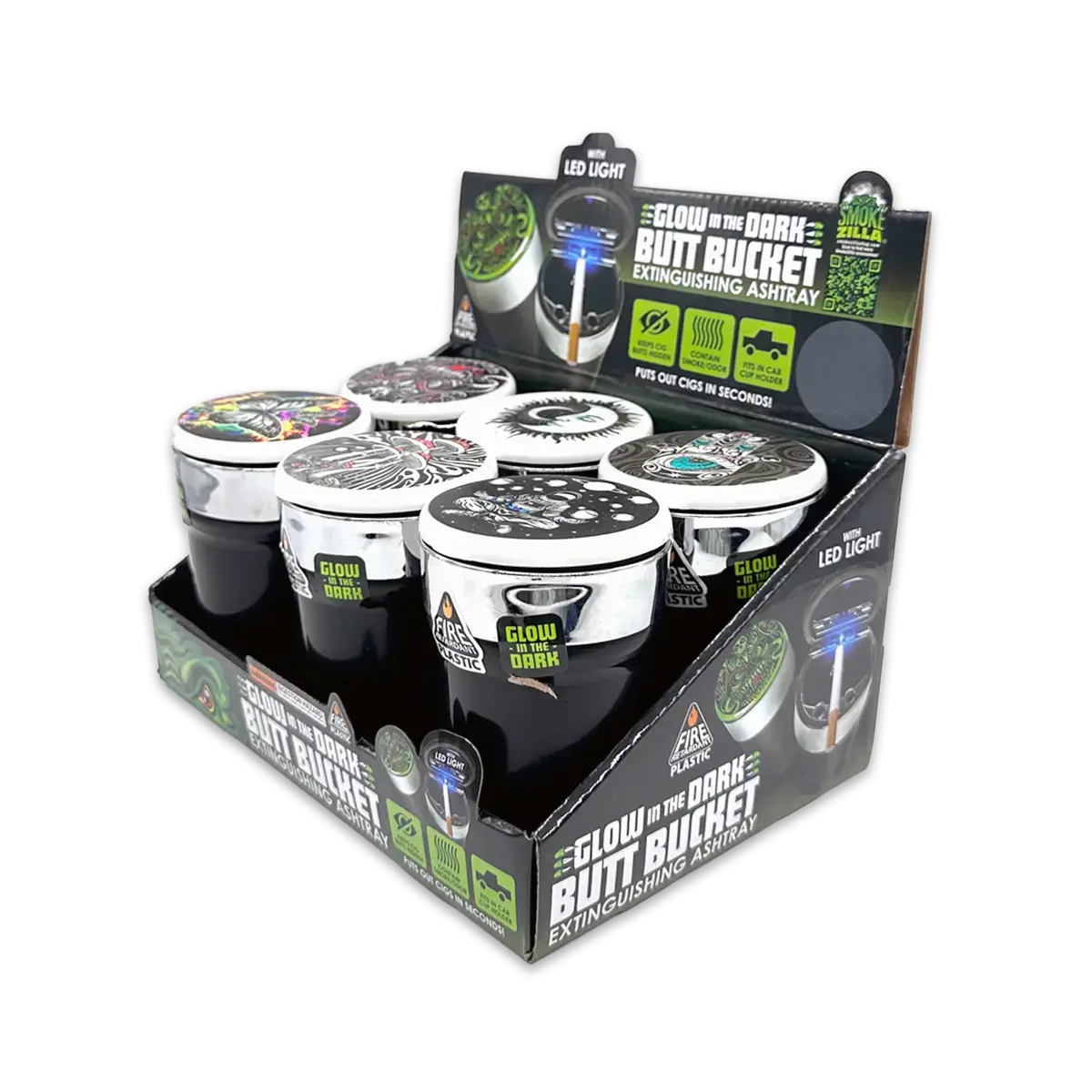 Glow In The Dark Lid Butt Bucket Ashtray With Led Light - 6 Per Retail Ready Display 25397 1
