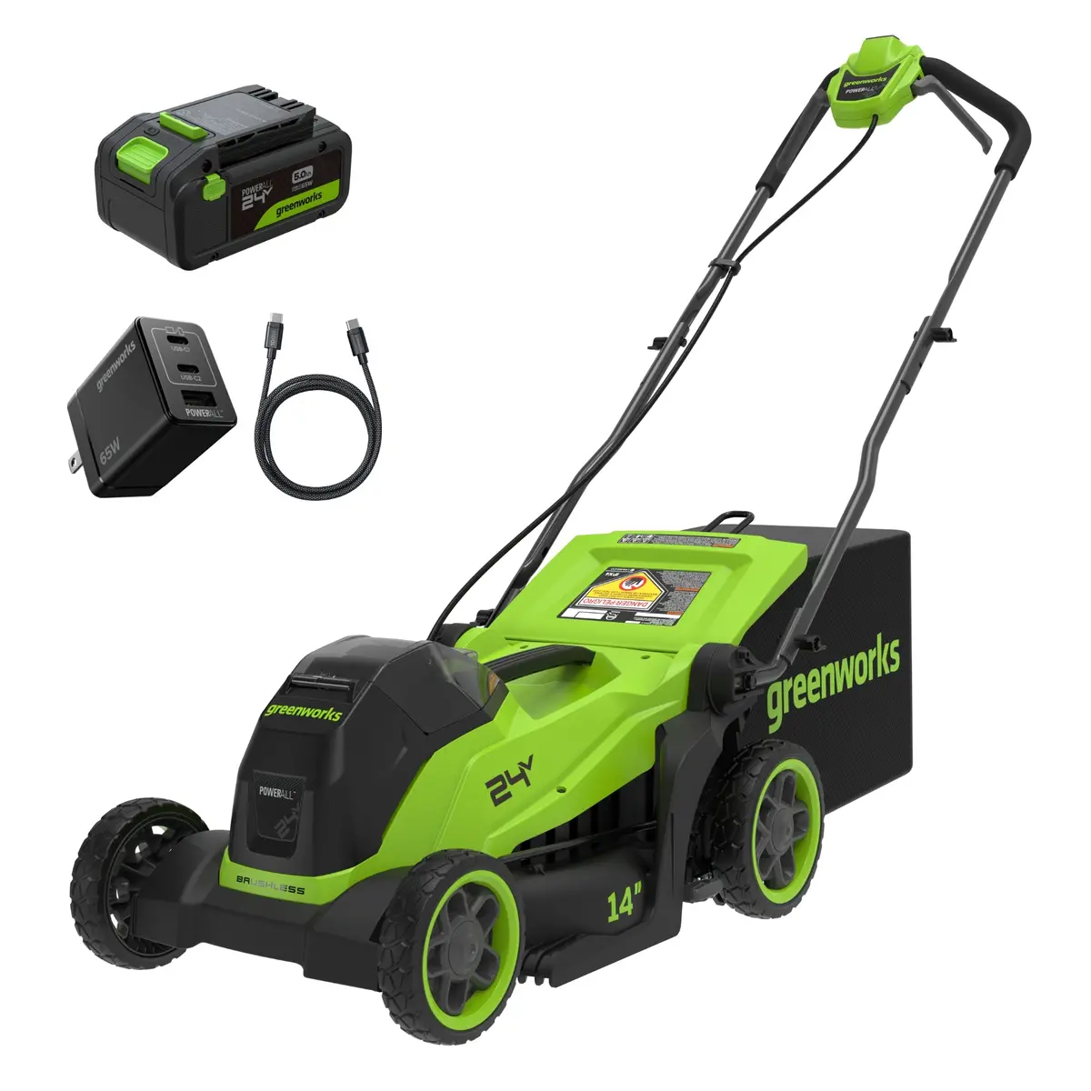 24V 14" Brushless Lawn Mower, 5.0Ah Battery And 65W Type-C Charger Included 1