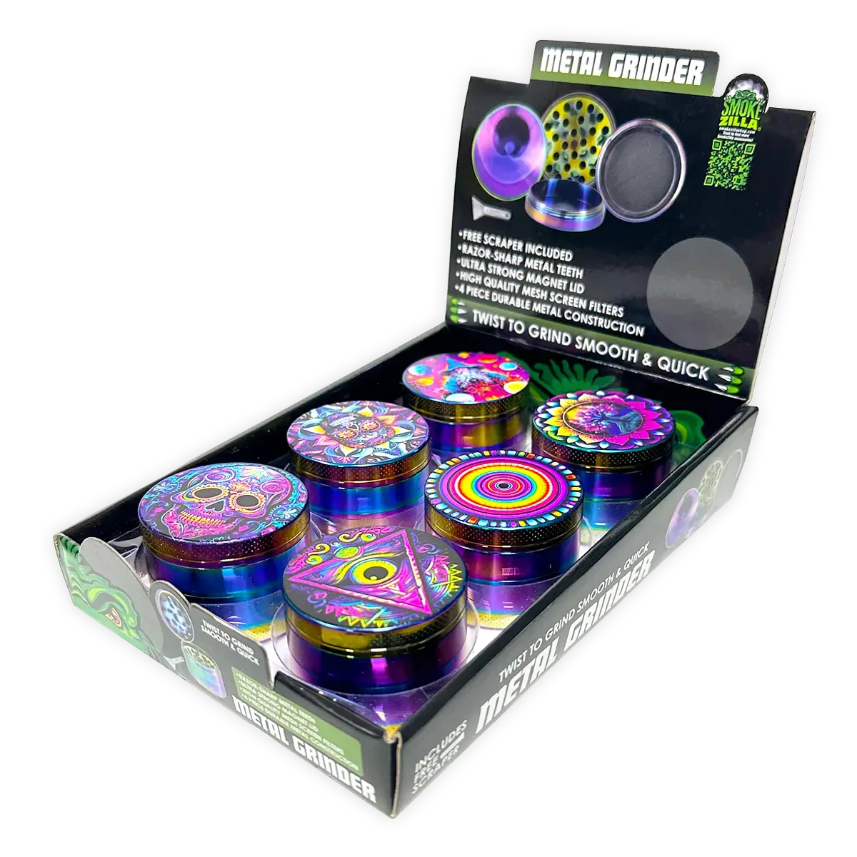 Metal 4 Piece Grinder With Printed Top - 6 Pieces Per Retail Ready Display 25552 1