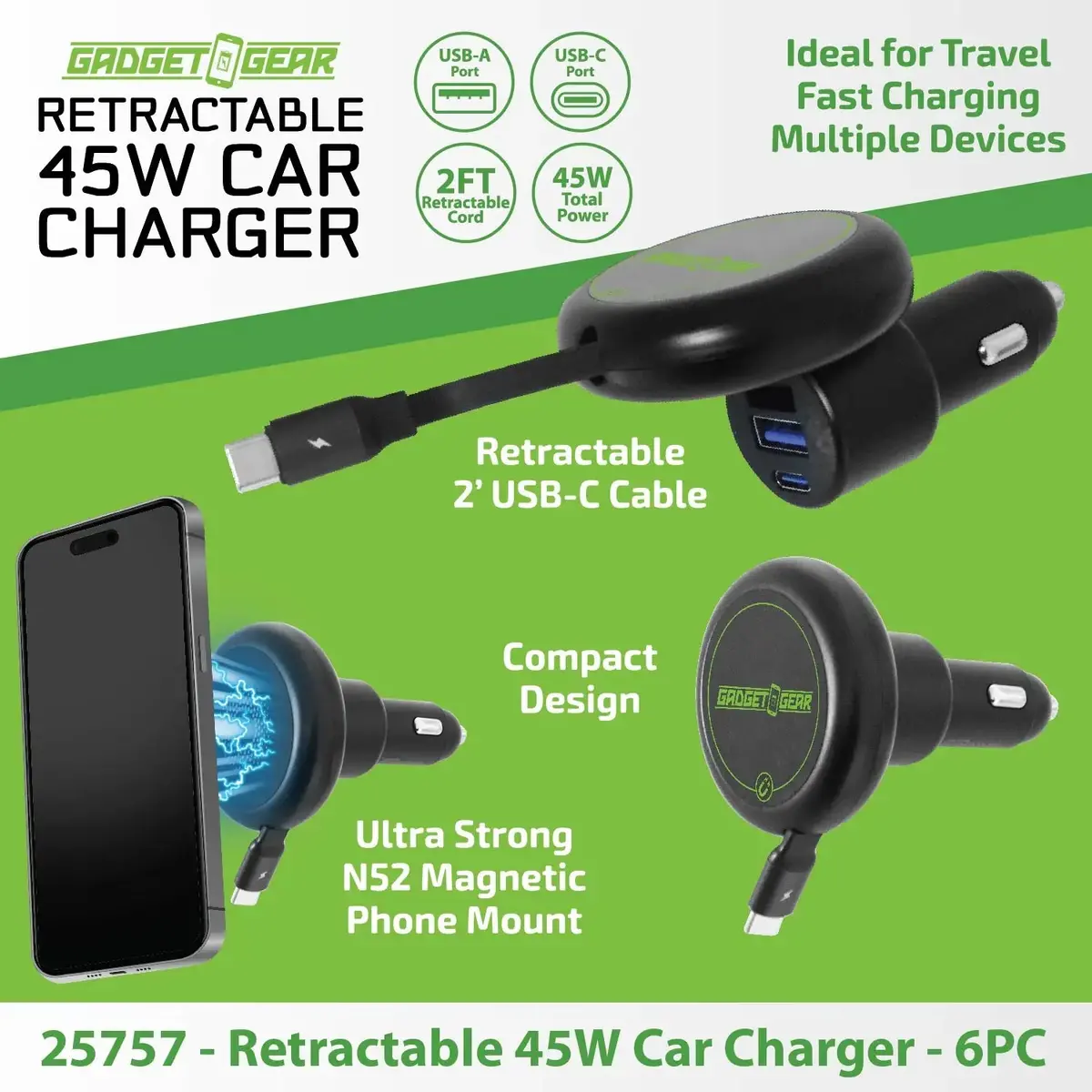 Car Charger Magsafe Retractable Usb-A / Usb-C Adapter 45W - 6 Pieces Per Retail Ready Display 25757 2