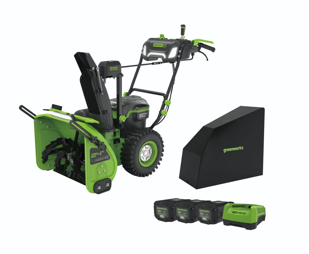 80V 24" Dual Stage Snow Thrower, (3) 4.0Ah Batteries And Charger Bonus: Protective Cover 1