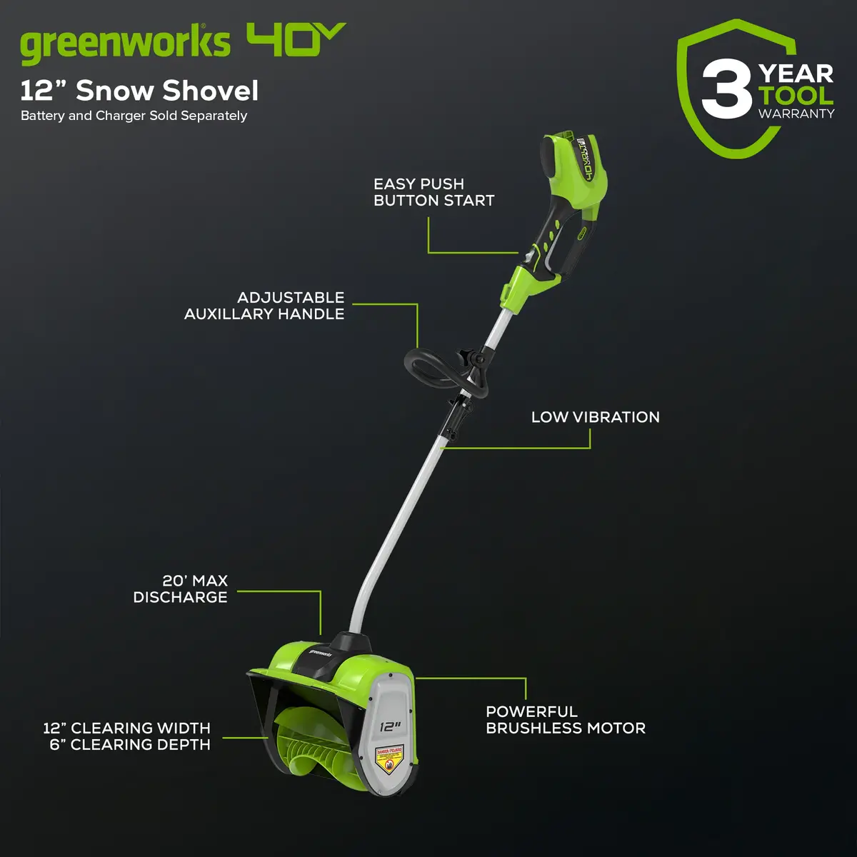 Greenworks 40V 12" Brushless Snow Shovel (Tool Only) 2