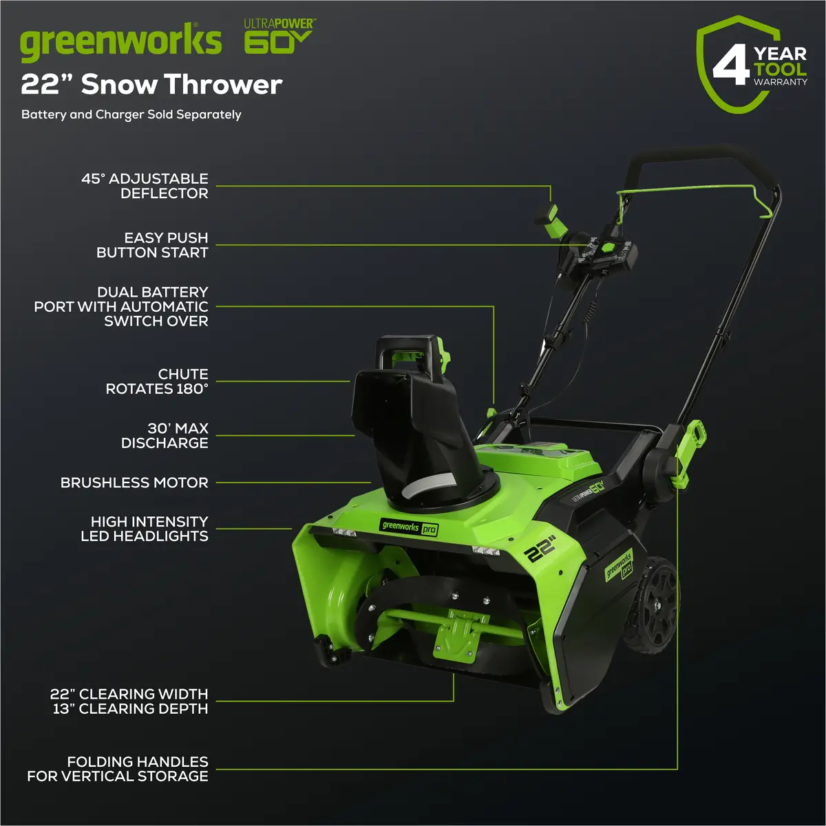 60V 22" Brushless Snow Thrower (Tool Only) 2