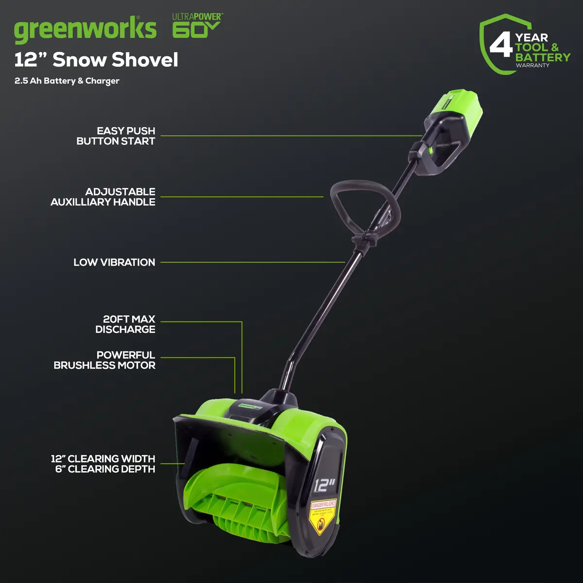60V 12" Snow Shovel, 2.5Ah Battery And Charger Included 2