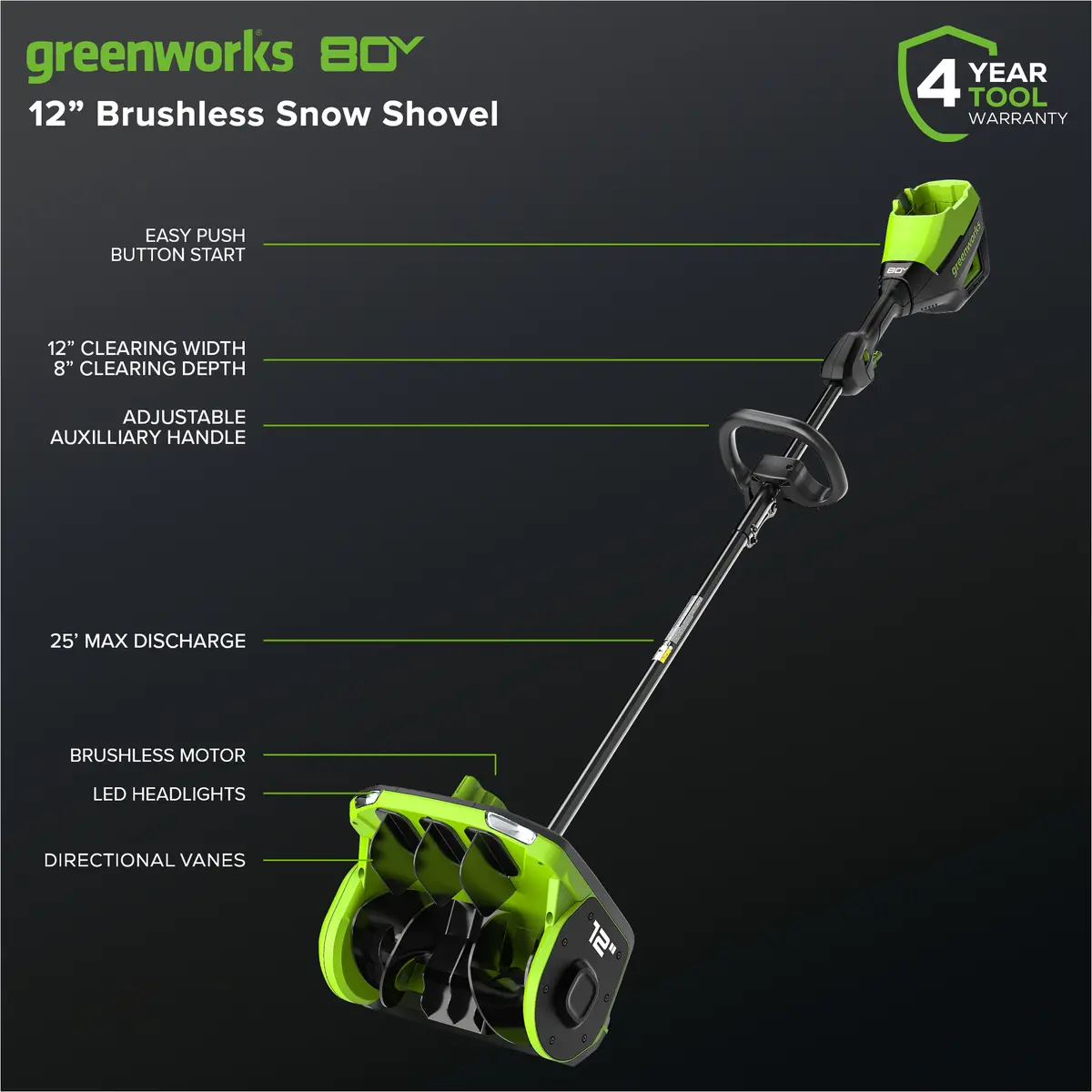 80V Brushless 12" Snow Shovel With Directional Vane (Tool Only) 2