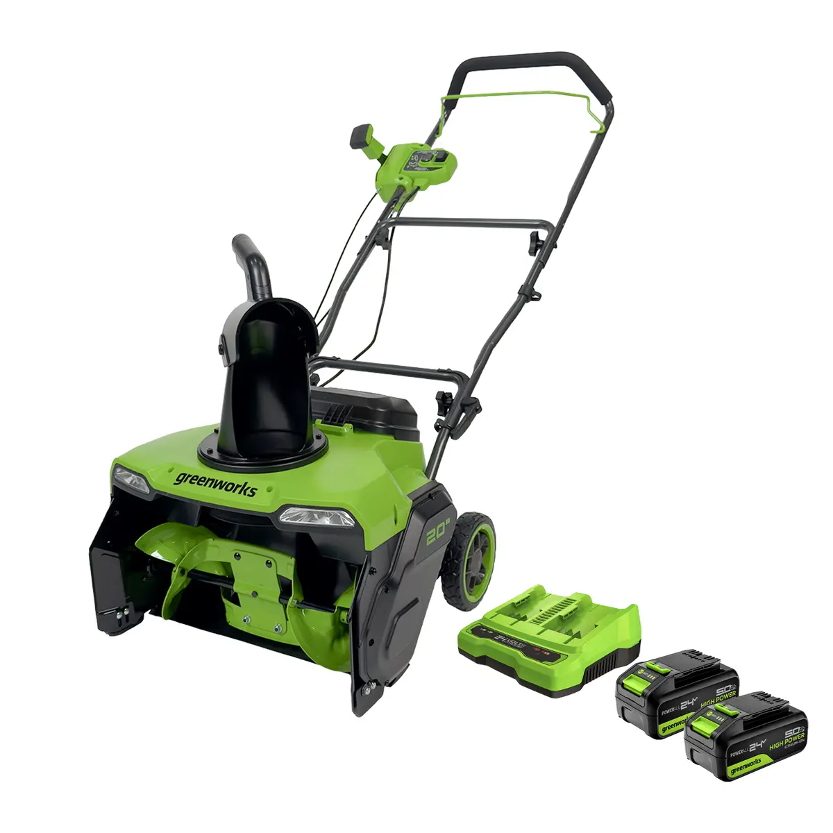 Greenworks 48V (24V X 2) 20" Brushless Snow Thrower, (2) 5.0Ah Batteries & 4A Dual Rapid Charger Included 1